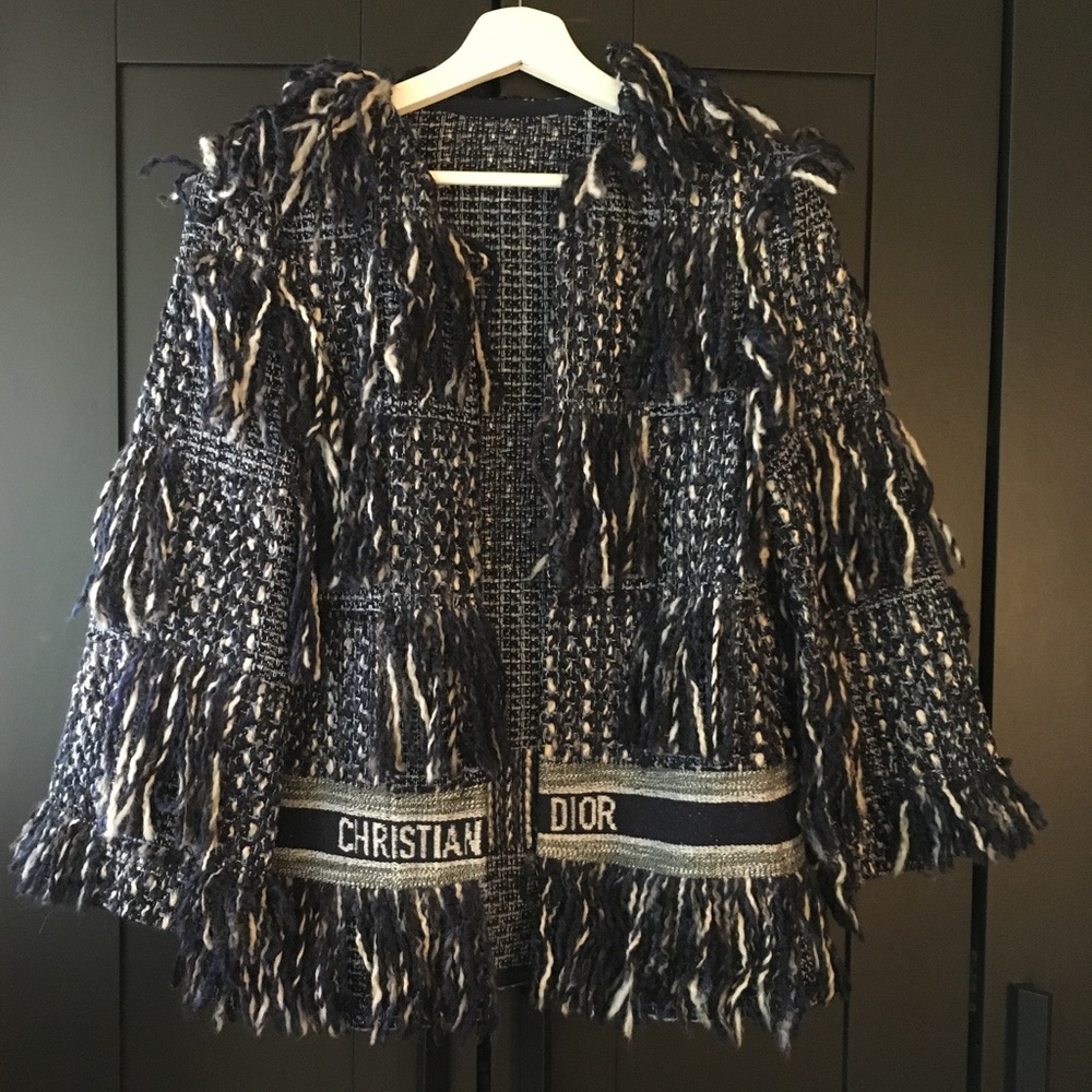 Christian Dior Womens Tweed Fringe Logo Jacket